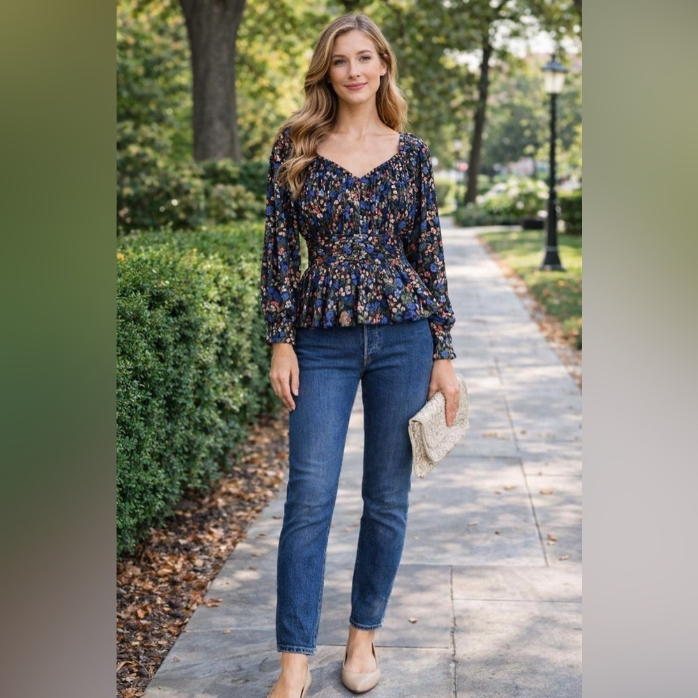 Hunter Bell Caro Floral Peplum Top Black Blue Smocked Waist NWT Size 0